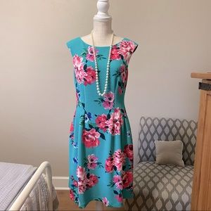 Knee length floral teal + pink fit and flare feminine dress by Jessica Howard